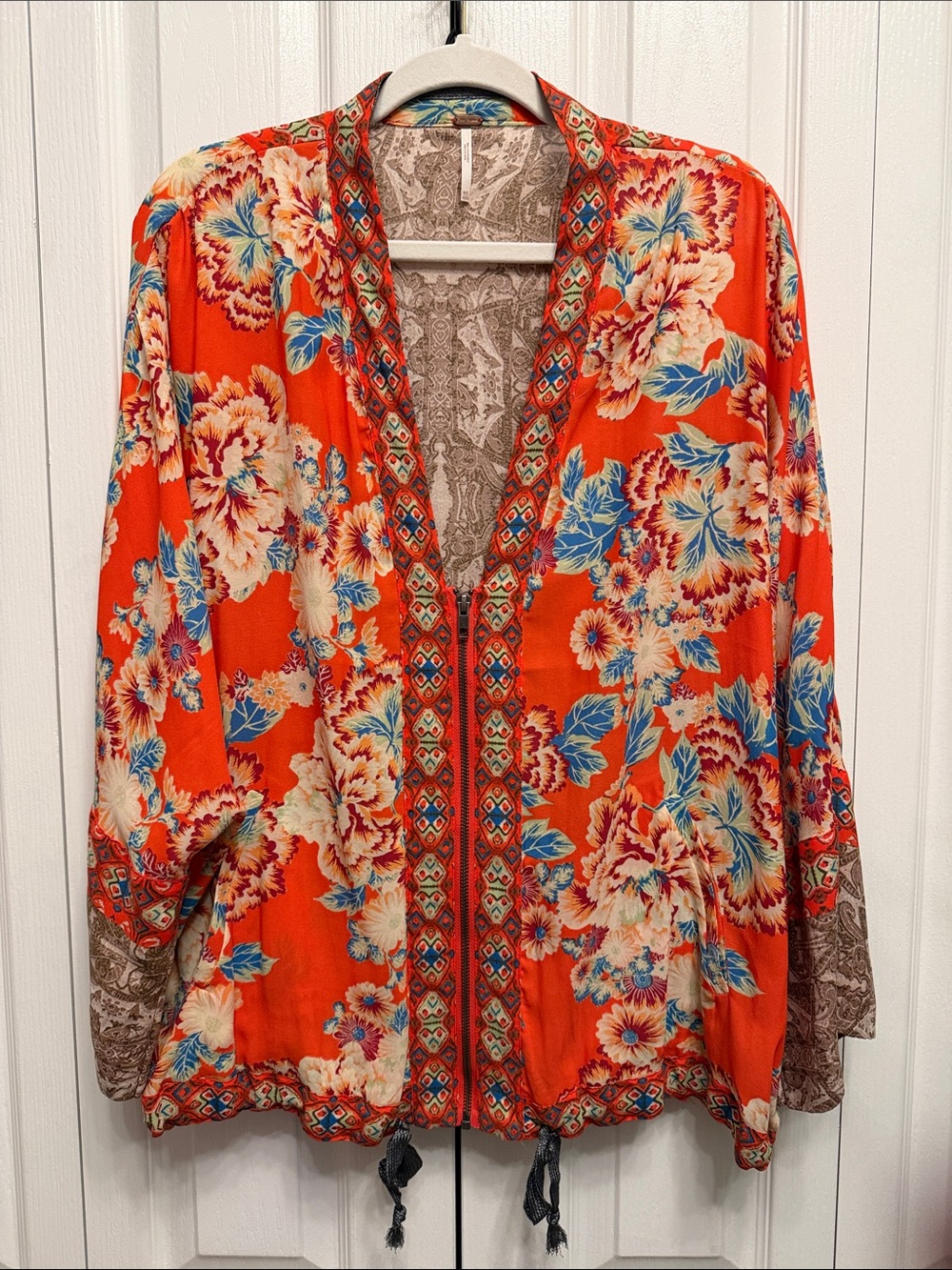 Free People Orange Floral Asian Inspired Kimono Silk Feel Bomber Jacket Size M/L